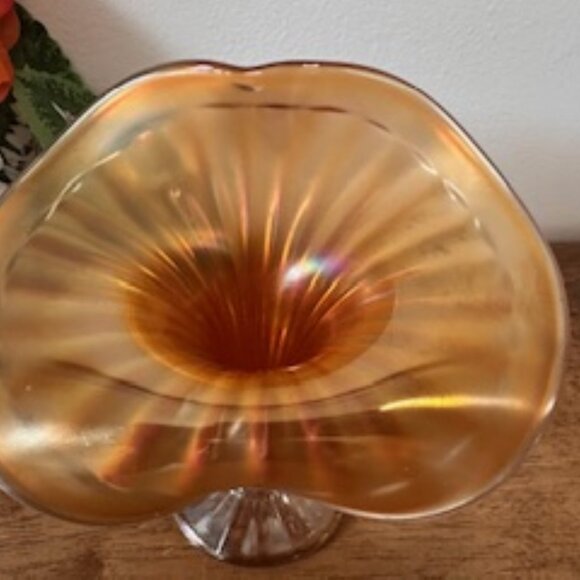 Marigold Carnival Glass Jack-in-the-Pulpit Vase Iridescent Vintage Flared Art Gl - Picture 6 of 6